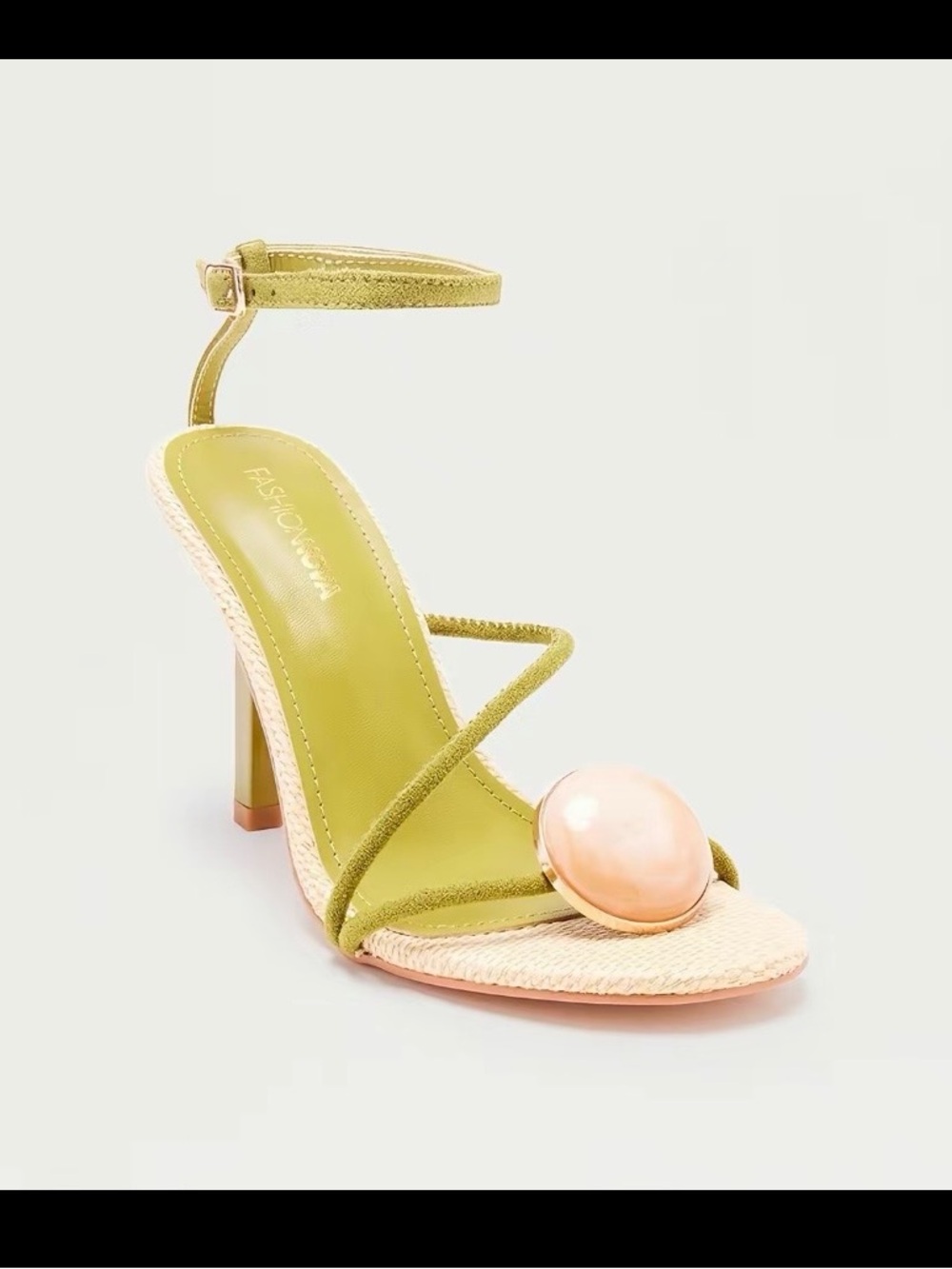 Fashion Nova Olive Green Ankle-Strap Heel with Pearl Accent